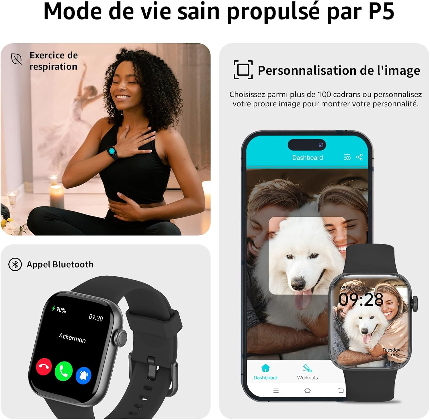 Detalle de AcclaFit Montre Connectée – Écran 1,85" HD, 140+ modes, appels Bluetooth et suivi santé (IP68)
