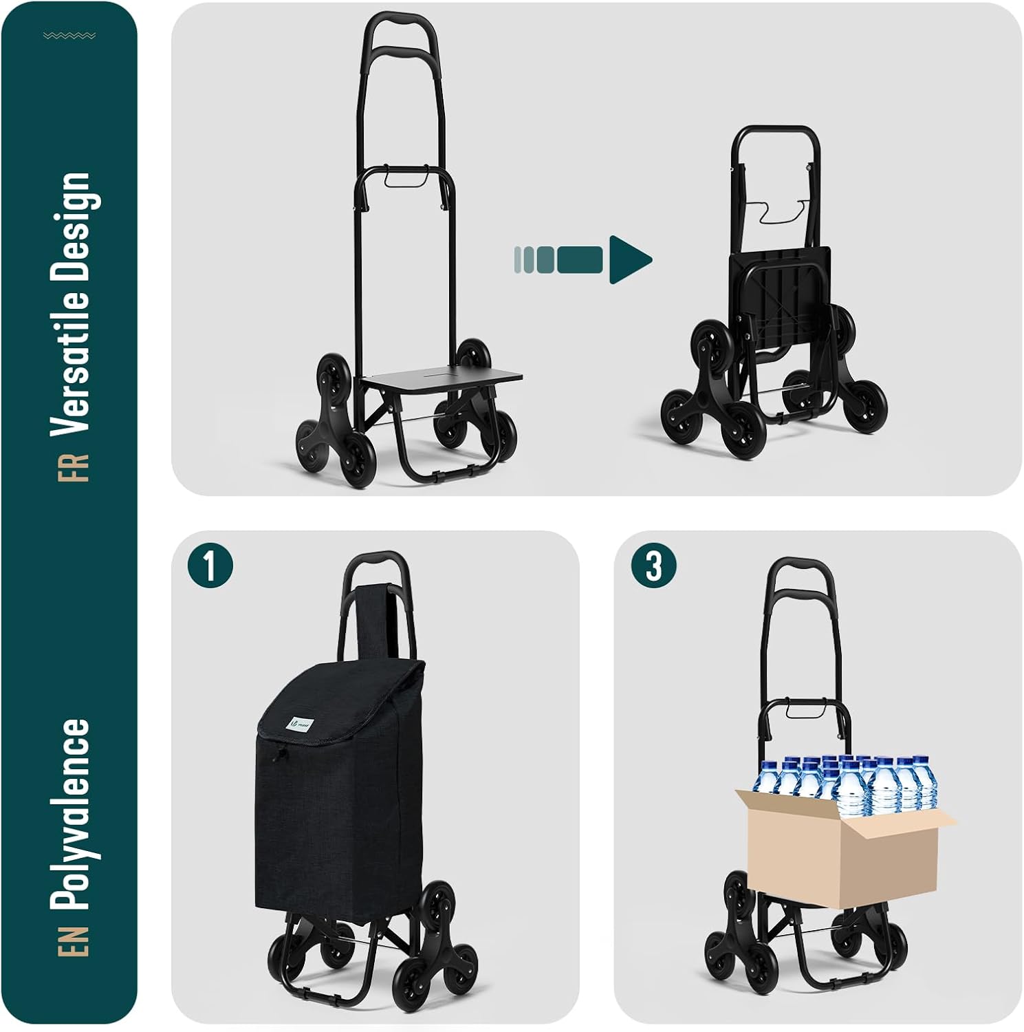 Detalle de VOUNOT Chariot de Courses 6 Roues avec Compartiment Imperméable — 2 en 1, 32 L, pliable