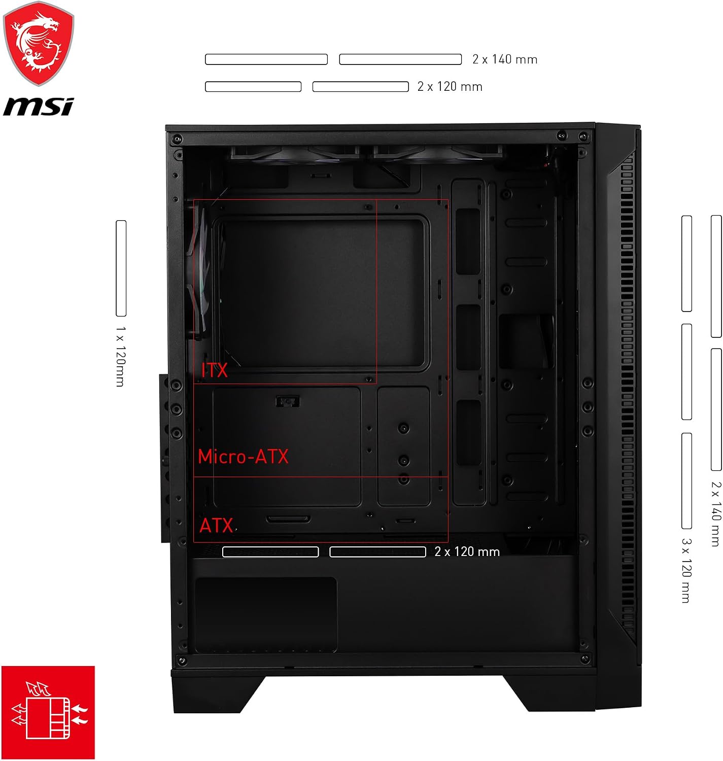 Detalle de MSI MAG Forge 120A Airflow — boîtier PC moyen tour ATX, Micro-ATX et Mini-ITX avec façade mesh et 6 ventilateurs auto-RGB