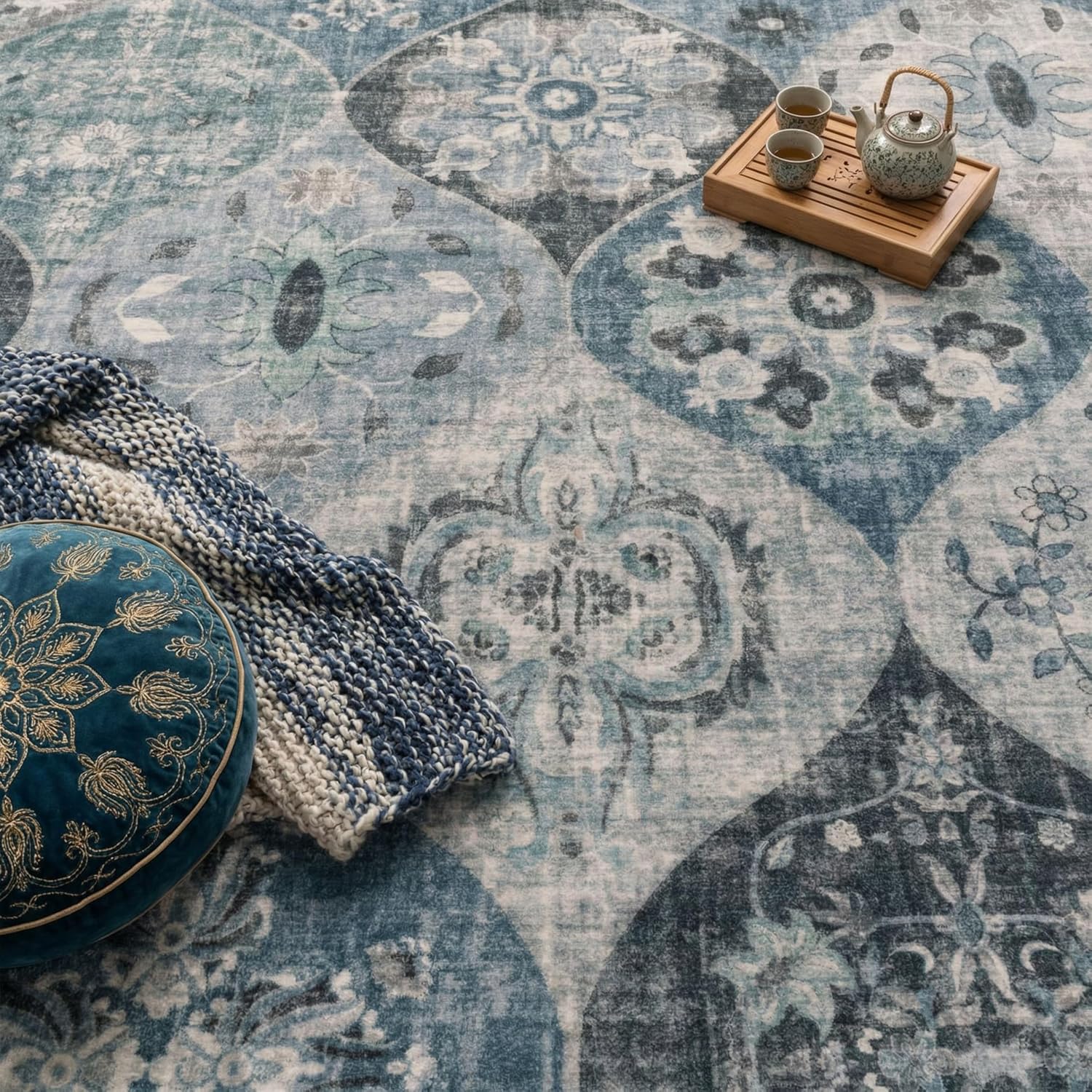 Detalle de Paco Home Tapis de Salon Vintage Poil Court Turquoise 160x220 cm – Confort Doux et Design Retro Moderne