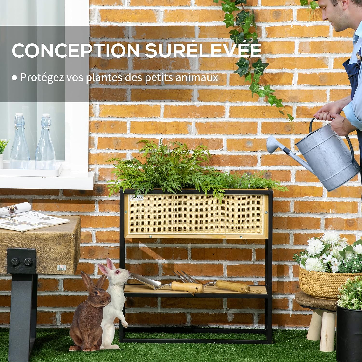 Detalle de Outsunny Jardinière sur Pieds Rectangulaire avec Étagère Inférieure — Bois et Métal, 55 x 20 x 56 cm