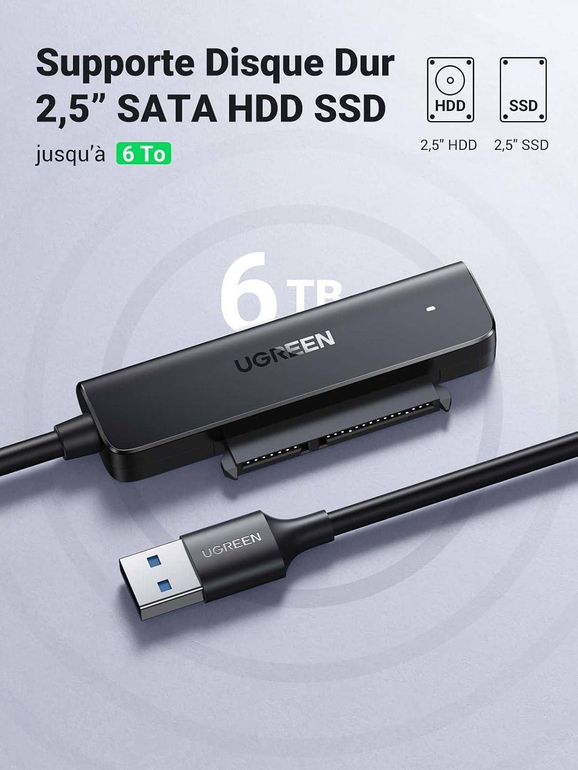 Detalle de UGREEN Câble SATA USB 3.0 Adaptateur SATA vers USB 3.0 pour SSD et disques durs 2,5 pouces (UASP, TRIM, Smart, 0,5 m)