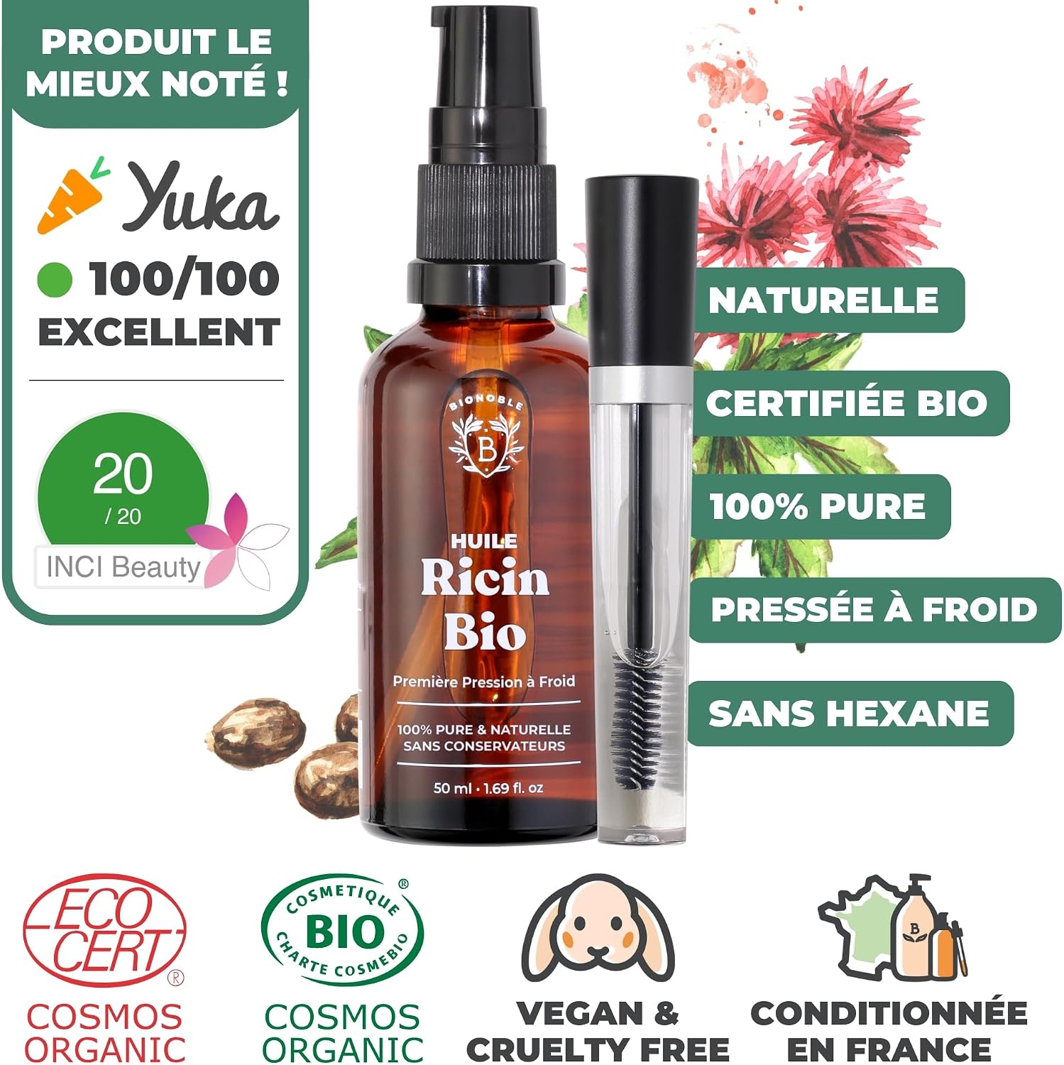 Detalle 2 de BIONOBLE Huile de Ricin Bio Pressée à Froid + Kit Mascara – 50 ml