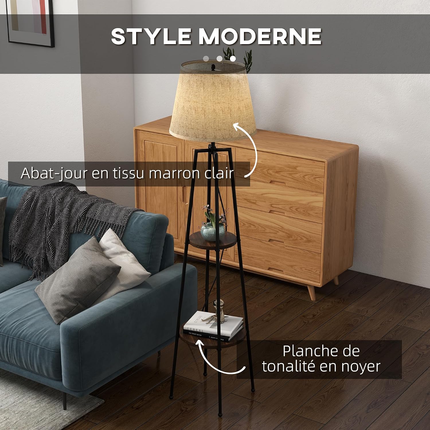 Detalle de HOMCOM Lampadaire sur pied avec 2 étagères – design moderne, abat-jour tissu, noir marron