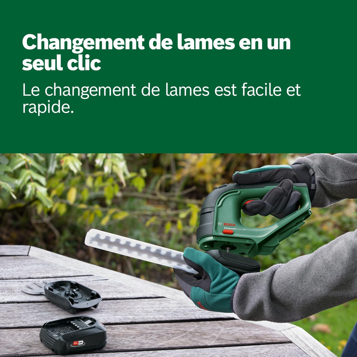 Detalle de Bosch AdvancedShear 18V-10 (sans fil) : cisaille à gazon et taille-haies pour jusqu’à 85 m² par charge