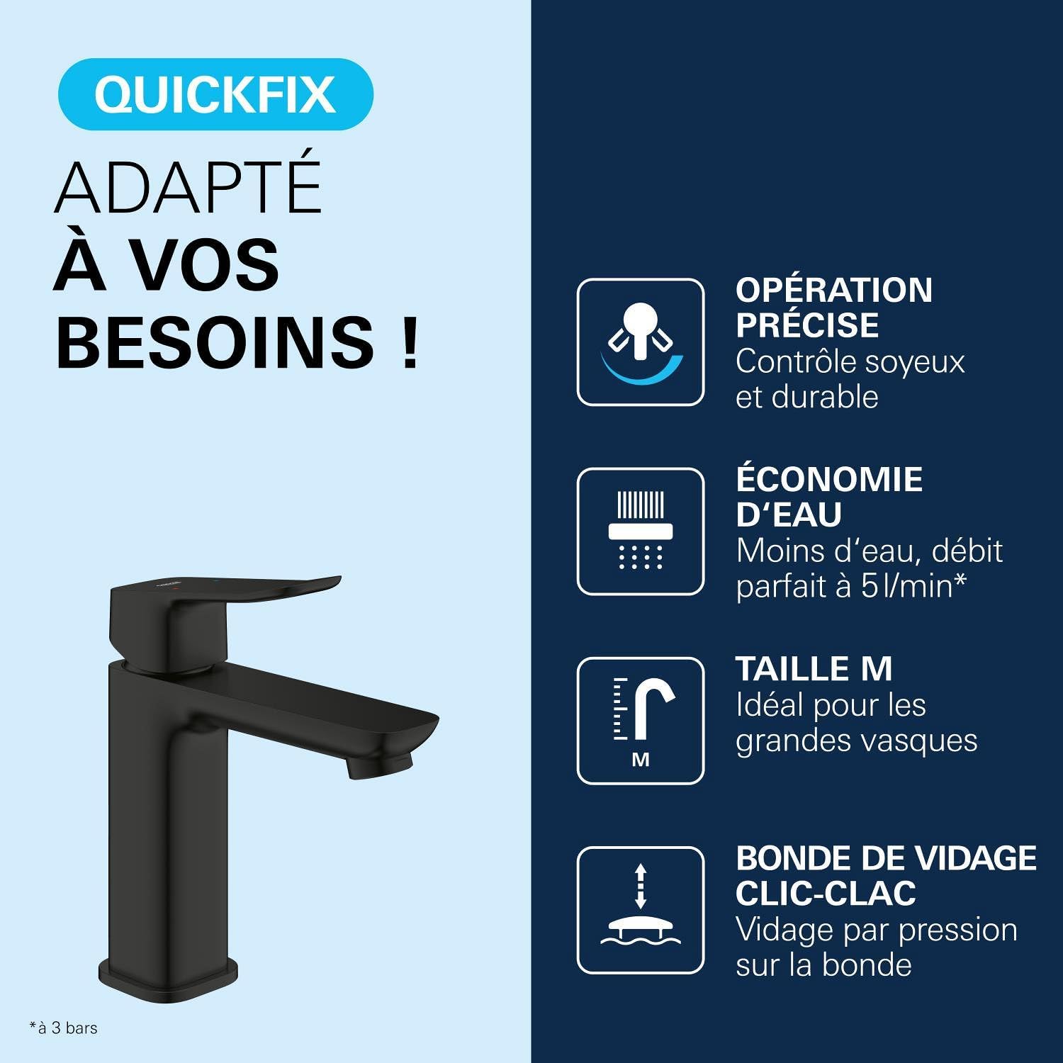 Detalle 2 de GROHE Dice – Mitigeur Lavabo Monocommande Noir Mat, Taille M, avec QuickTool (1018332430)
