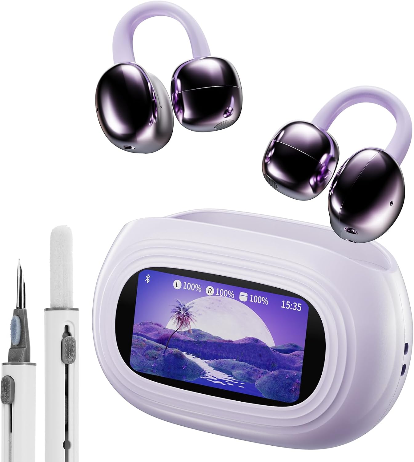 Detalle de kentfaith AI Écouteur Traducteur Instantané 150 Langues — Clip d’Oreille, Étui avec Écran Tactile et Bluetooth 6.0 (Violet)