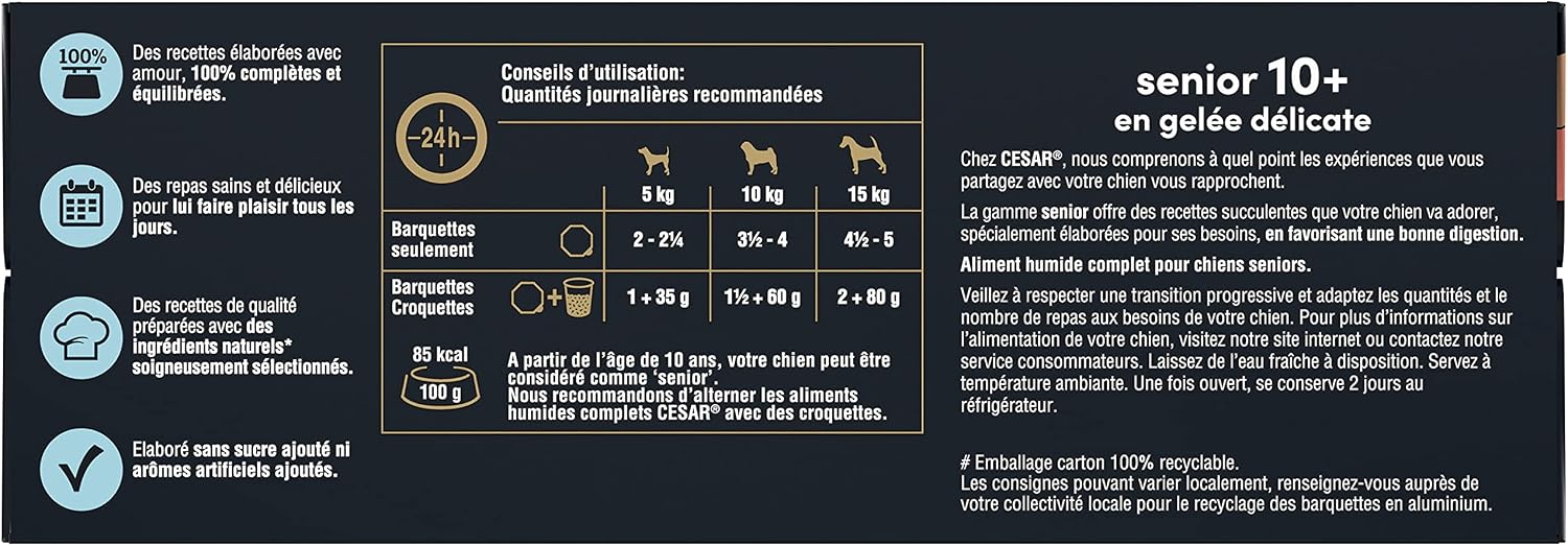 Detalle de Cesar Repas pour Chien Senior – 24 Barquettes (Lot de 6 packs 4x150 g) | Pâtée en Gelée à la Dinde/Bœuf/Poulet/Agneau