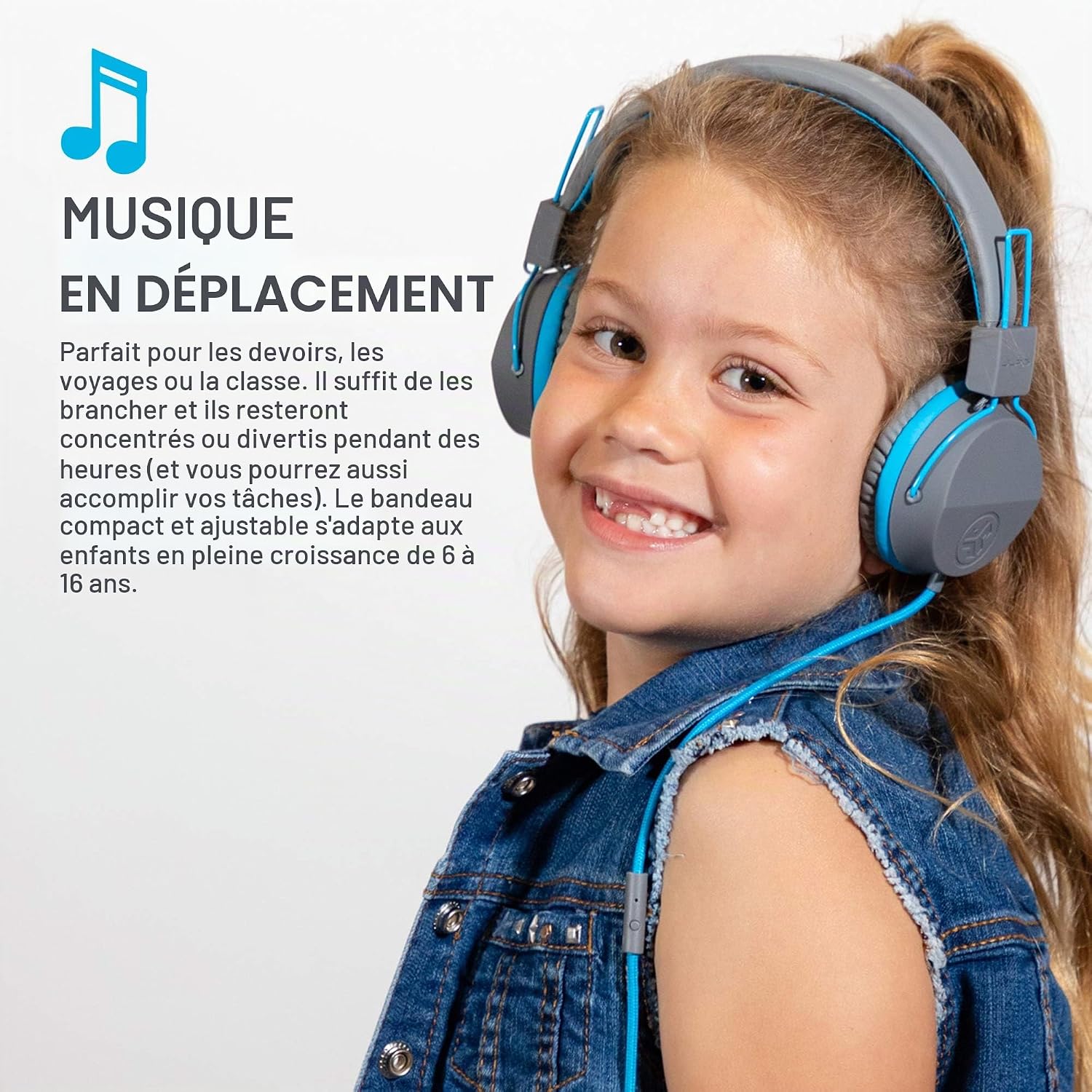 Detalle de JLab JBuddies Studio : casque audio enfant avec fil, limiteur de volume et micro (bleu)