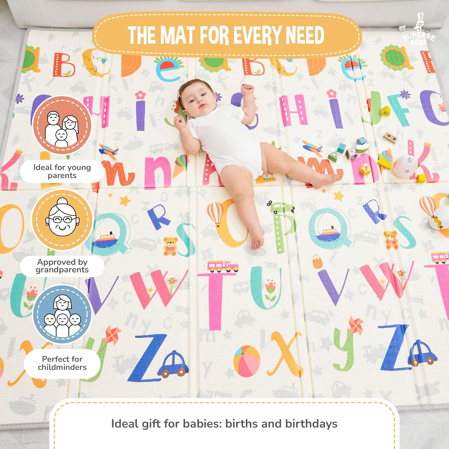 Detalle 2 de Tapis d'éveil bébé SUPERBE BEBE pliable épais réversible 150x180 cm — jeu d'éveil XXL en mousse