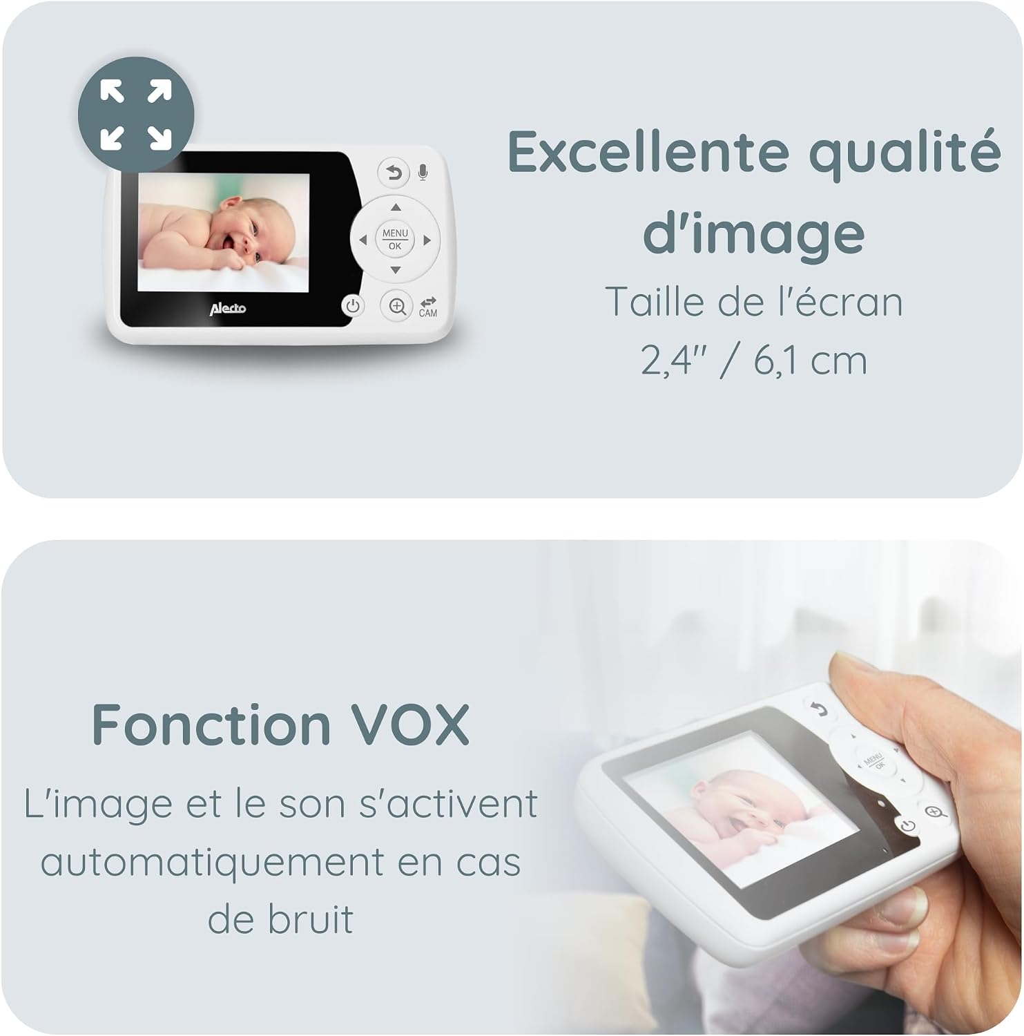 Detalle de Alecto bébé DVM64 écoute-bébé avec caméra fixe, VOX, vision nocturne et écran 11 cm
