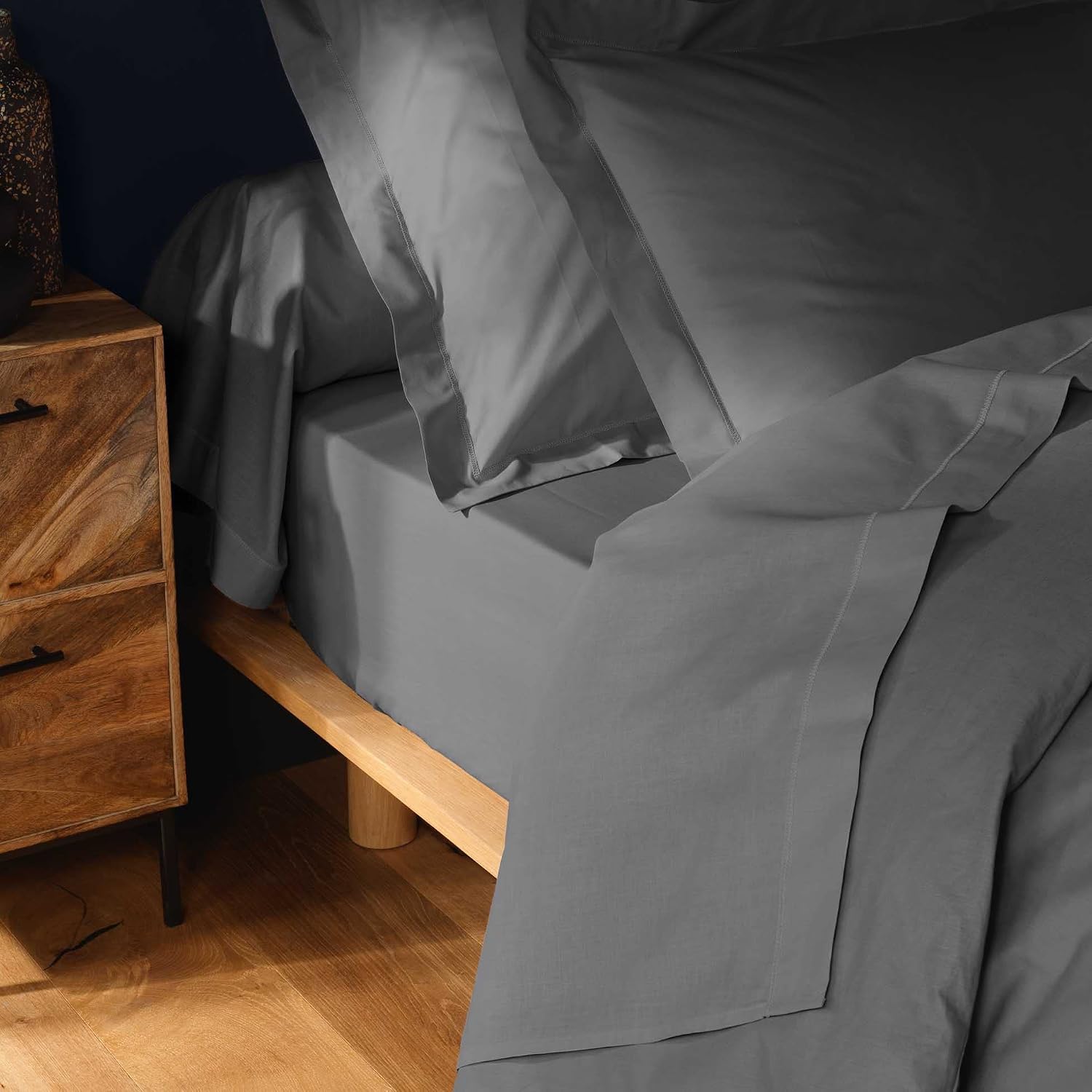 Detalle de Douceur d'intérieur, Drap Housse Lina Anthracite (160 x 200 cm) – 100% coton