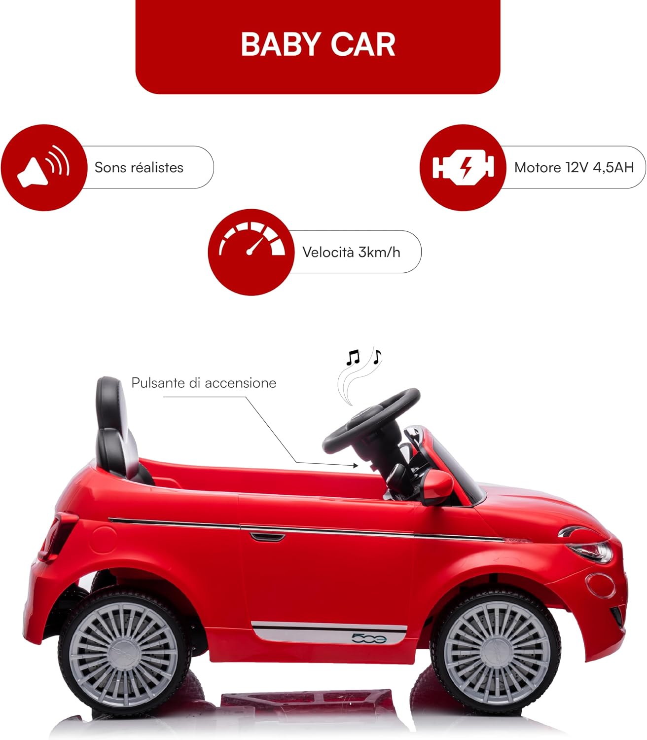 Detalle de Baroni Toys Fiat 500 Voiture Électrique 12V pour Enfant (Rouge) — Télécommande Parentale, Sons et Lumières