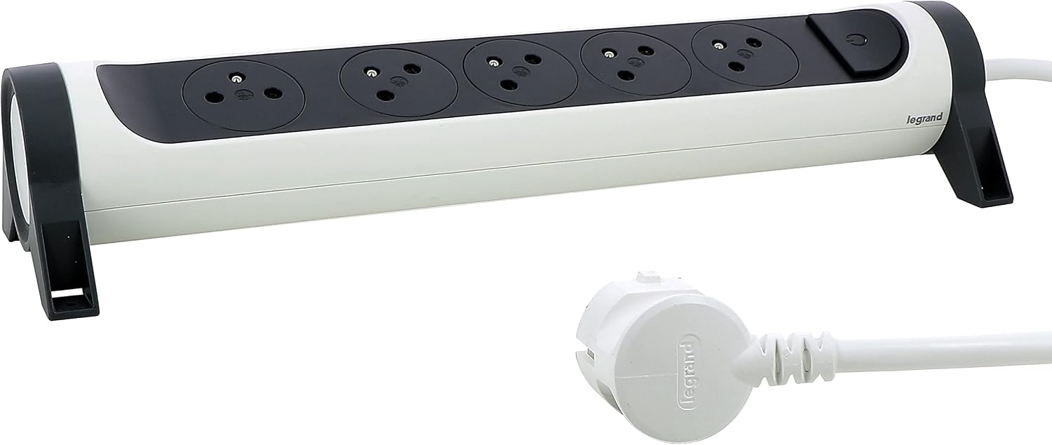 Detalle de Legrand multiprise rotative avec interrupteur et voyant LED – 5 prises surface avec terre, câble 1,5 m, blanc et gris foncé