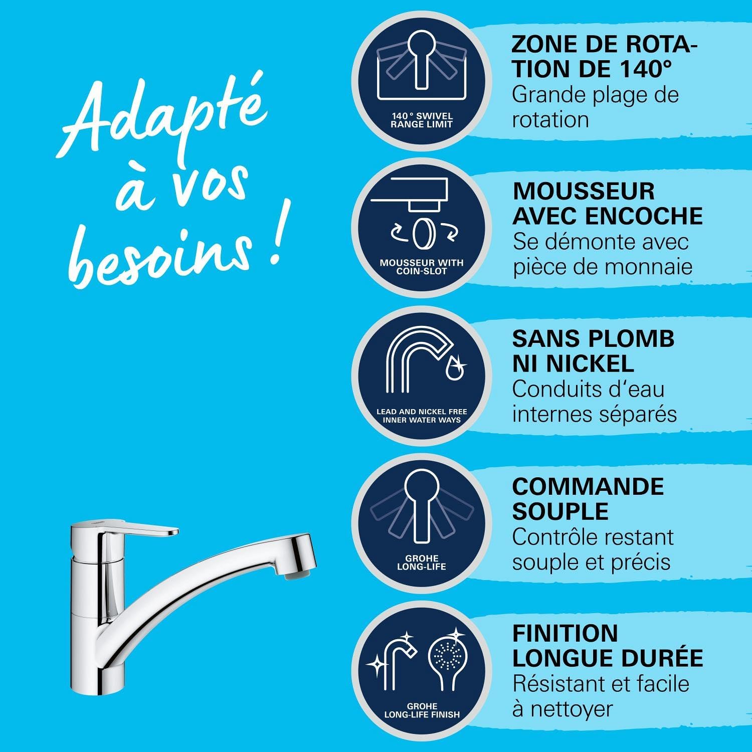Detalle de GROHE StartEco Mitigeur Monocommande Évier Chromé – Rotation 140°, Mousseur avec Fente sans outil