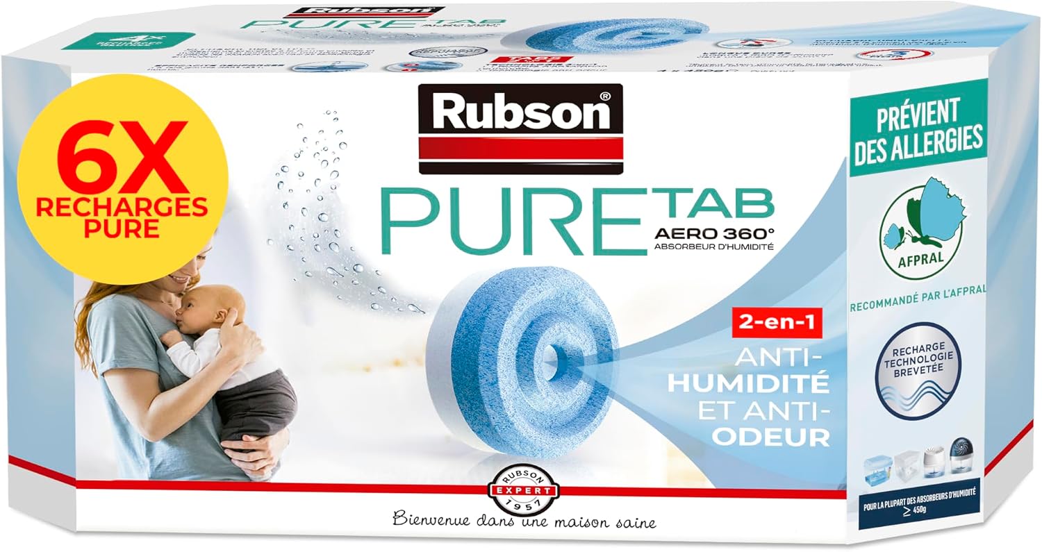 Detalle de Rubson AERO 360° Pure Tab – Recharge absorbeur d’humidité anti-odeur (6 x 450 g)