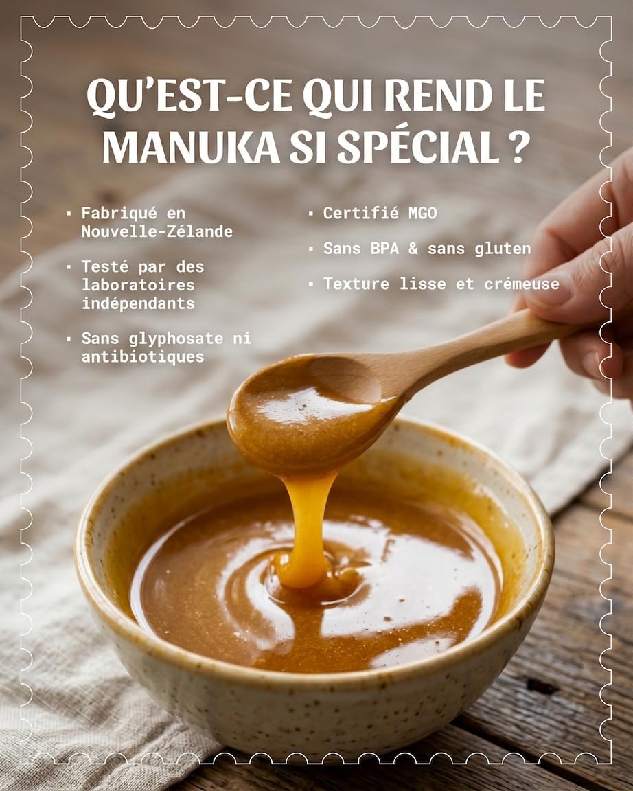 Detalle de NaturalePiù Miel de Manuka 500+ MGO (250 g) brut et bio de Nouvelle-Zélande