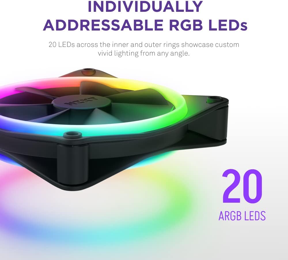 Detalle de NZXT F120 RGB Duo (RF-D12TF-B1) — pack de 3 ventilateurs double LED de 120 mm avec contrôleur