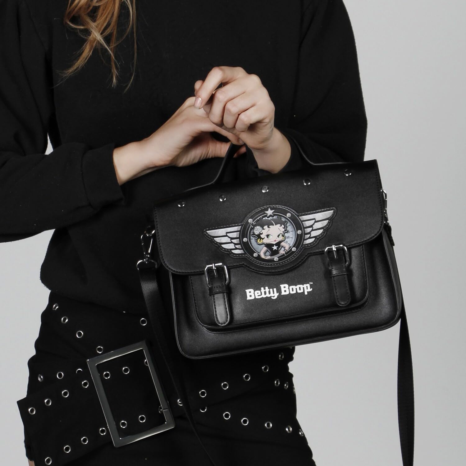 Detalle de Betty Boop Motor Love: Sac bandoulière et sac à dos satchel Noir 27x19 cm