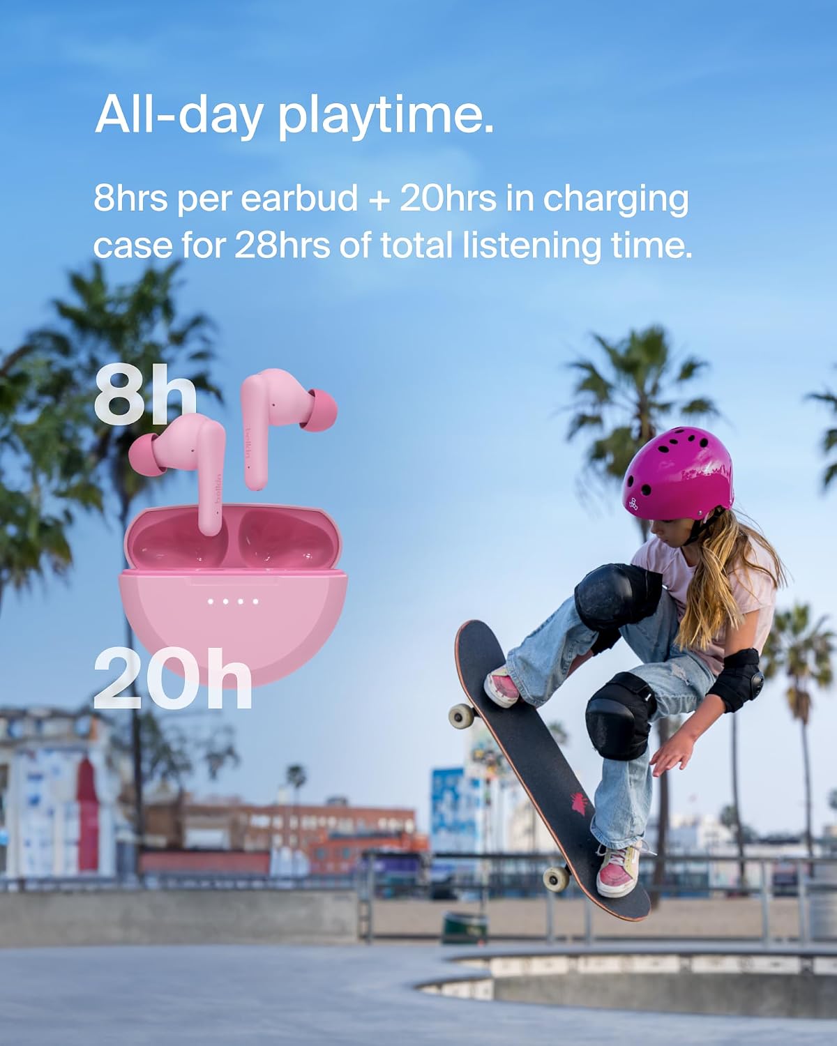 Detalle 2 de Belkin SoundForm Nano 2: Écouteurs Bluetooth pour enfants – Rose, 28 h d’autonomie, volume limité