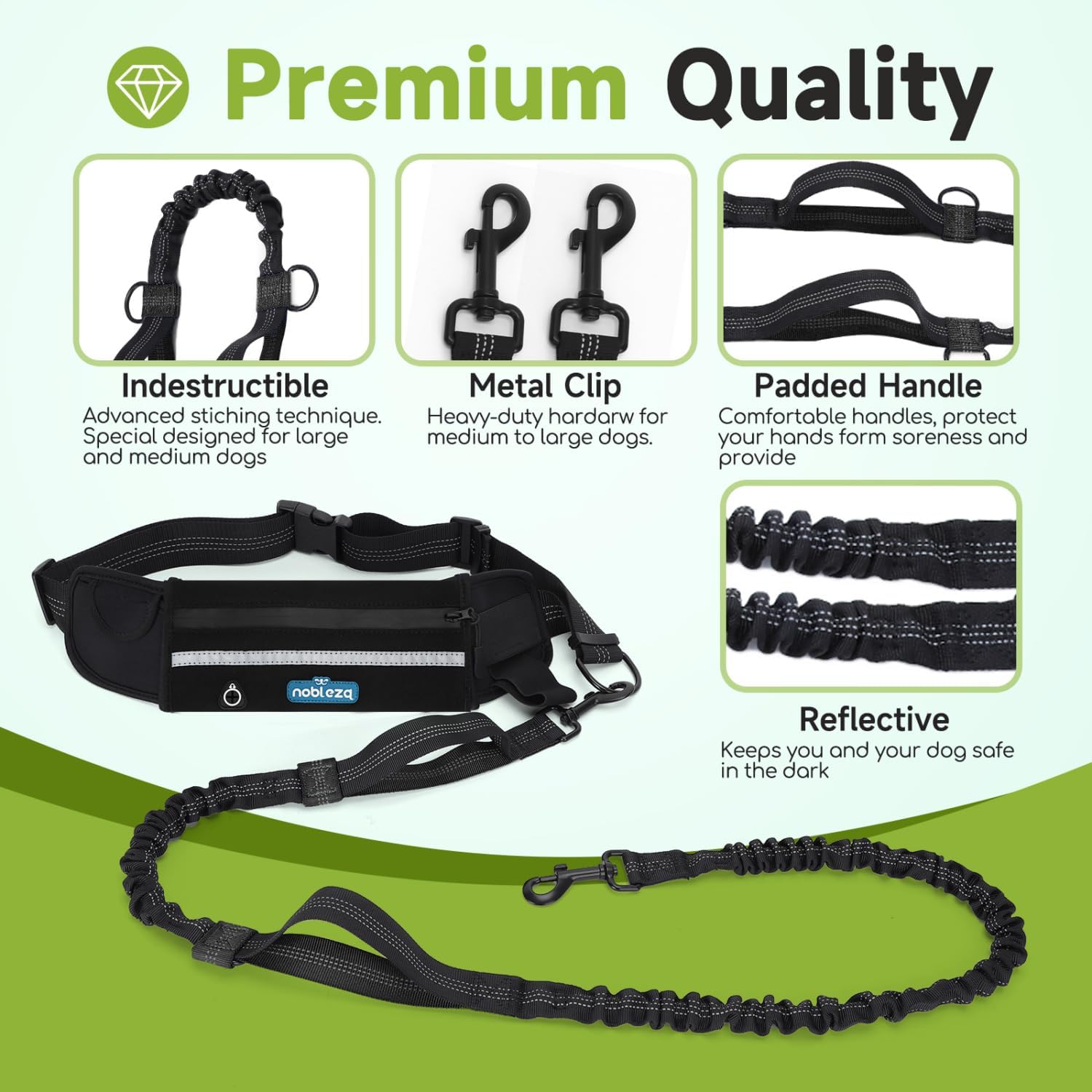 Detalle de Nobleza Laisse Mains Libres pour Chien – Ceinture de Formation et Laisse Multifonction, avec Absorption de Choc et Bande Réfléchissante