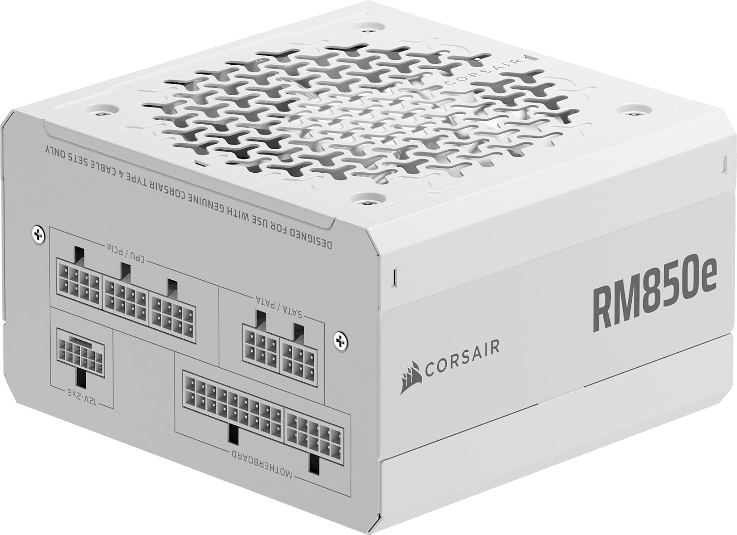 Detalle de Corsair RM850e (2025) : alimentation ATX 850 W entièrement modulaire, silencieuse et certifiée ATX 3.1/PCIe 5.1 (blanc)