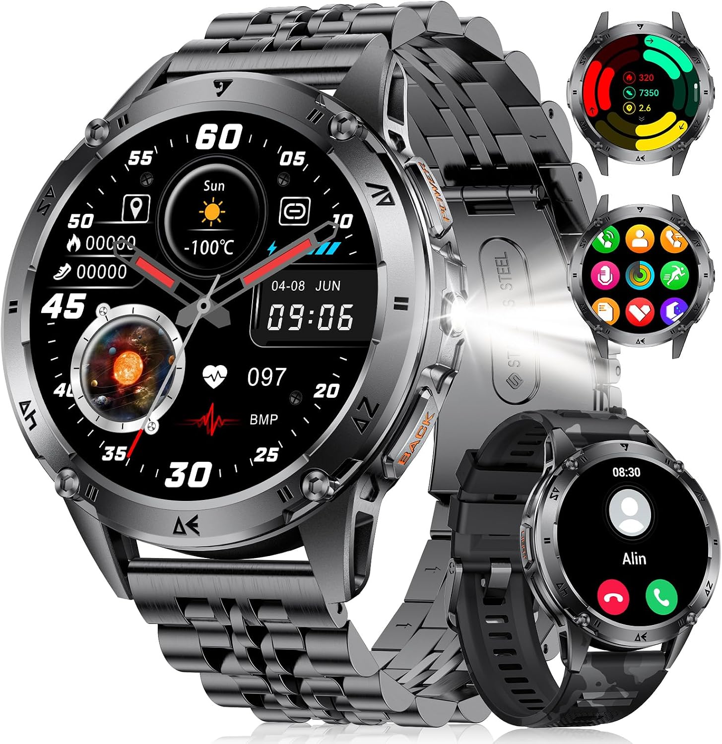 Detalle de CHOOSETIME Montre Connectée Homme - Écran AMOLED 1,43", Appels Bluetooth, 110+ Modes Sportifs, Lampe Torche et Suivi Santé IP68