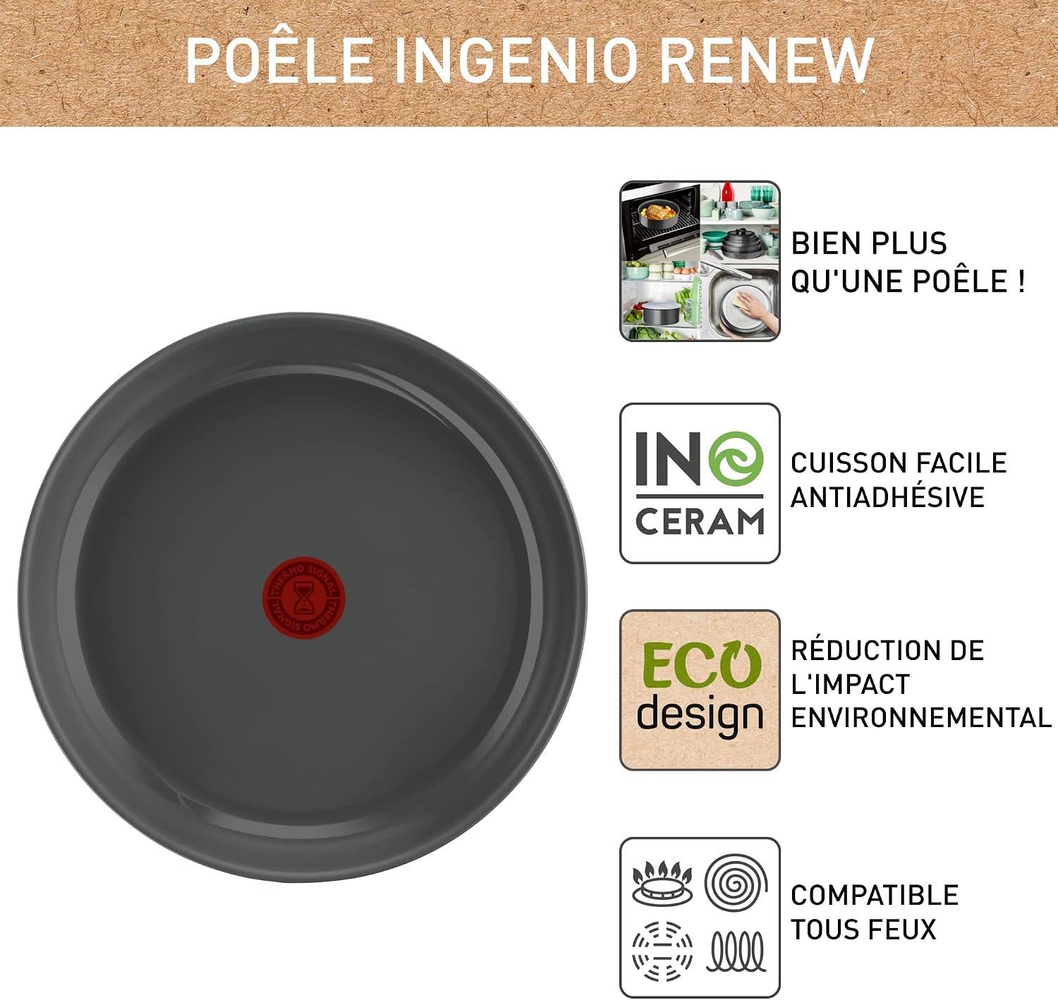 Detalle 2 de Tefal Ingenio Renew Poêle 28 cm – induction, revêtement céramique Inoceram, recyclée, Thermo-Signal