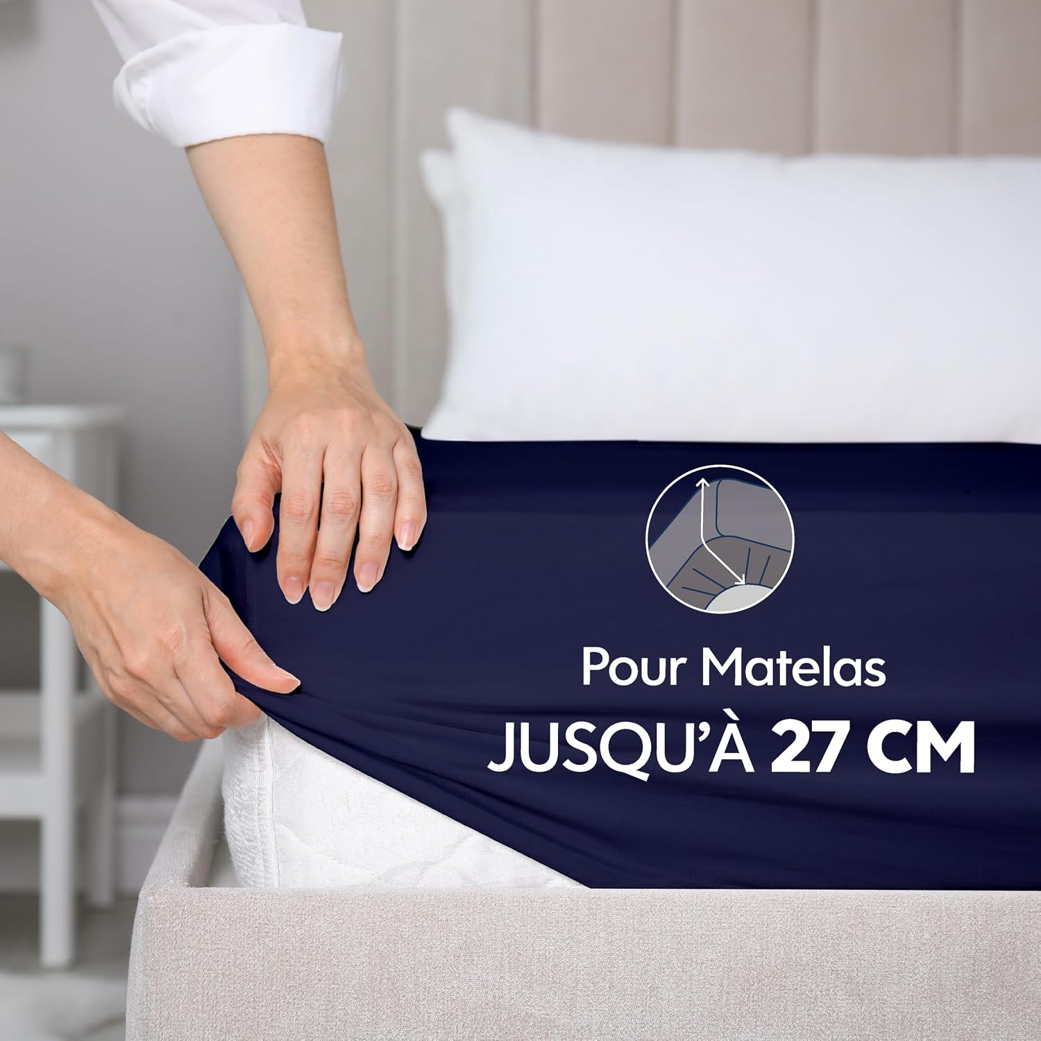 Detalle de Dreamzie Drap housse 160x200 cm en jersey 100% coton premium, bleu foncé (matelas jusqu’à 27 cm)