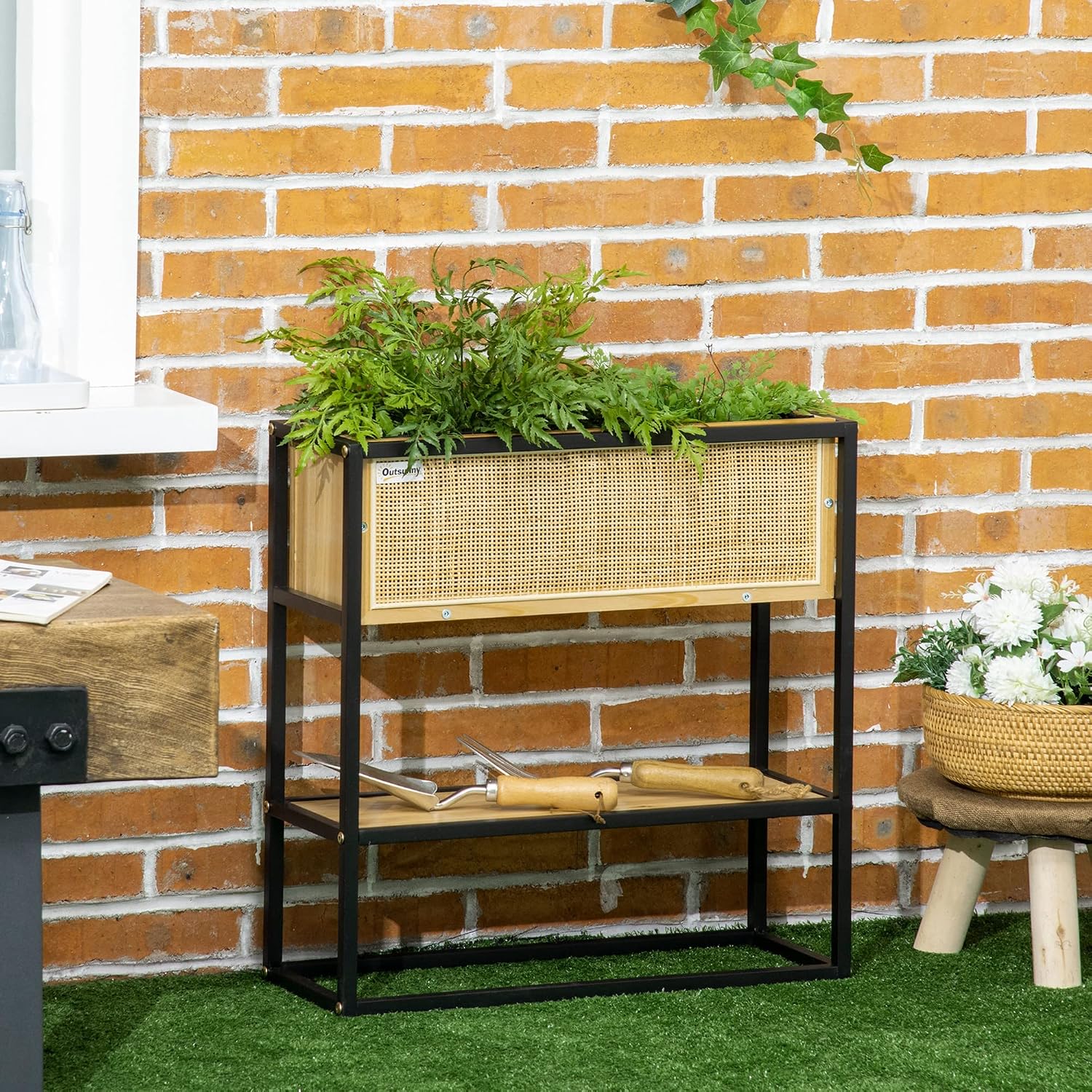 Detalle de Outsunny Jardinière sur Pieds Rectangulaire avec Étagère Inférieure — Bois et Métal, 55 x 20 x 56 cm