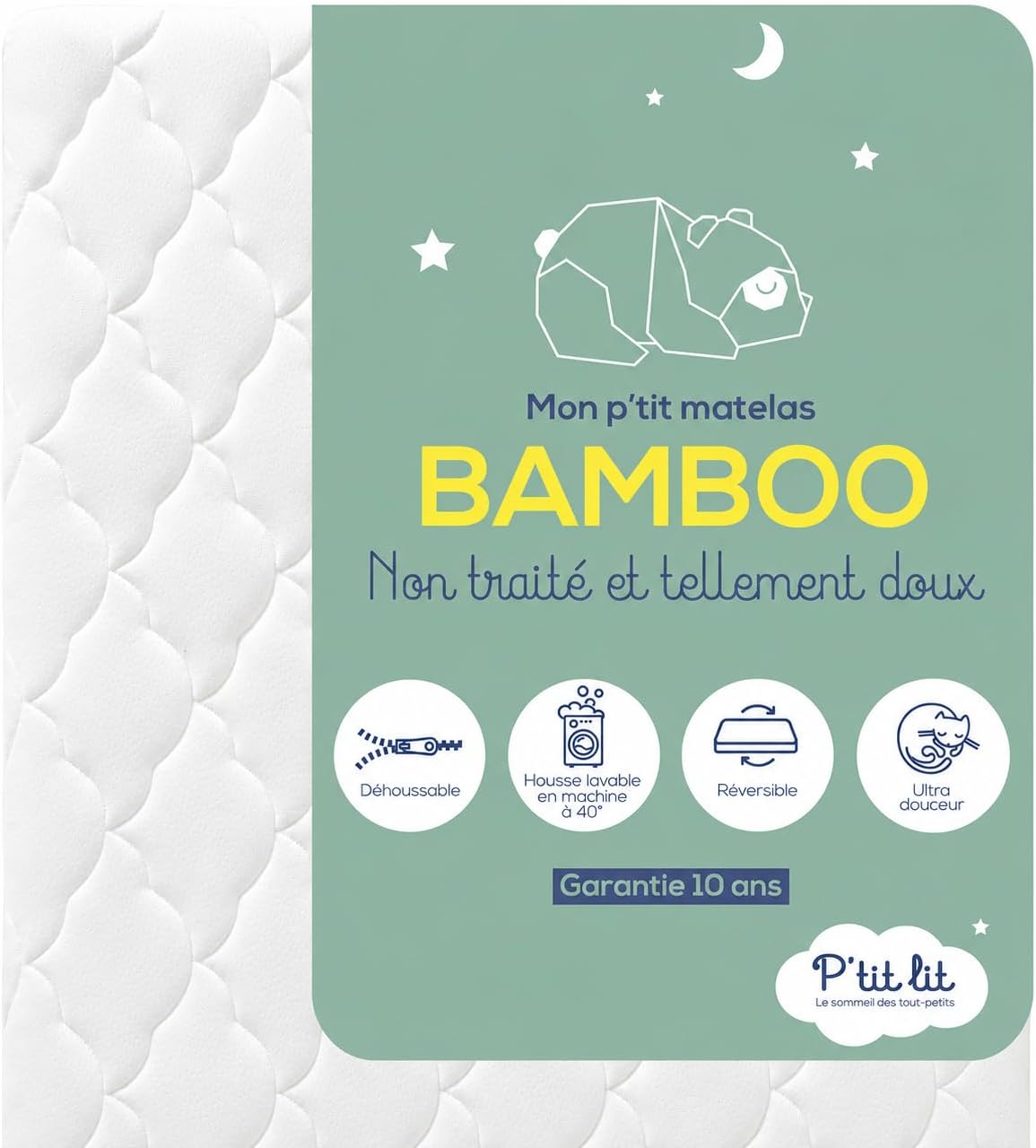 Detalle de P'TIT LIT Matelas Bébé Bamboo 60x120 cm — Visco doux, déhoussable et fabrication Française