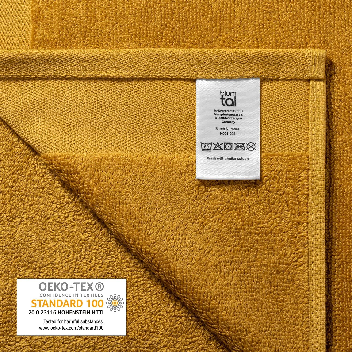 Detalle de Blumtal – Lot de 2 serviettes de bain jaune moutarde 70x140 cm en coton certifié Oeko-Tex®