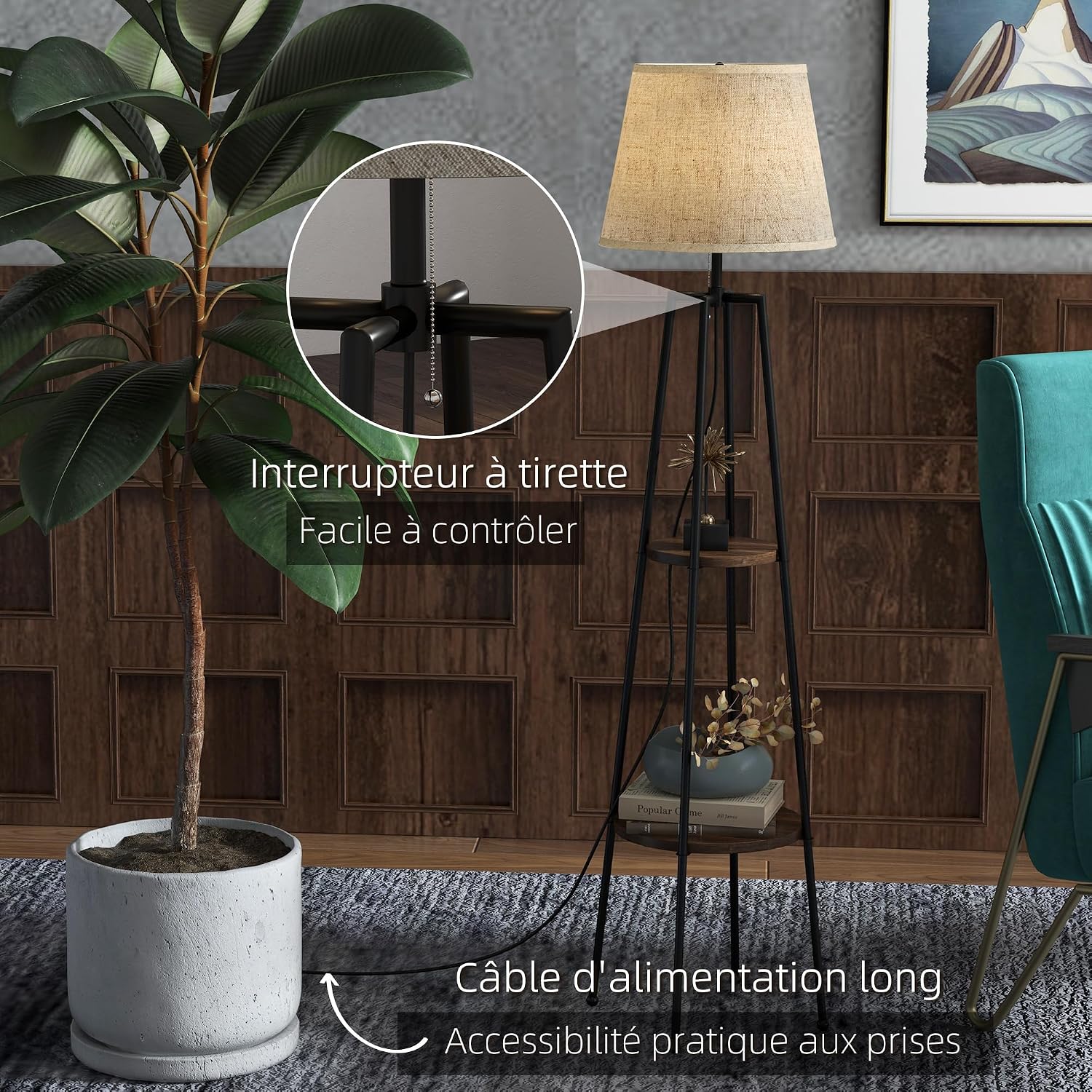 Detalle 1 de HOMCOM Lampadaire sur pied avec 2 étagères – design moderne, abat-jour tissu, noir marron