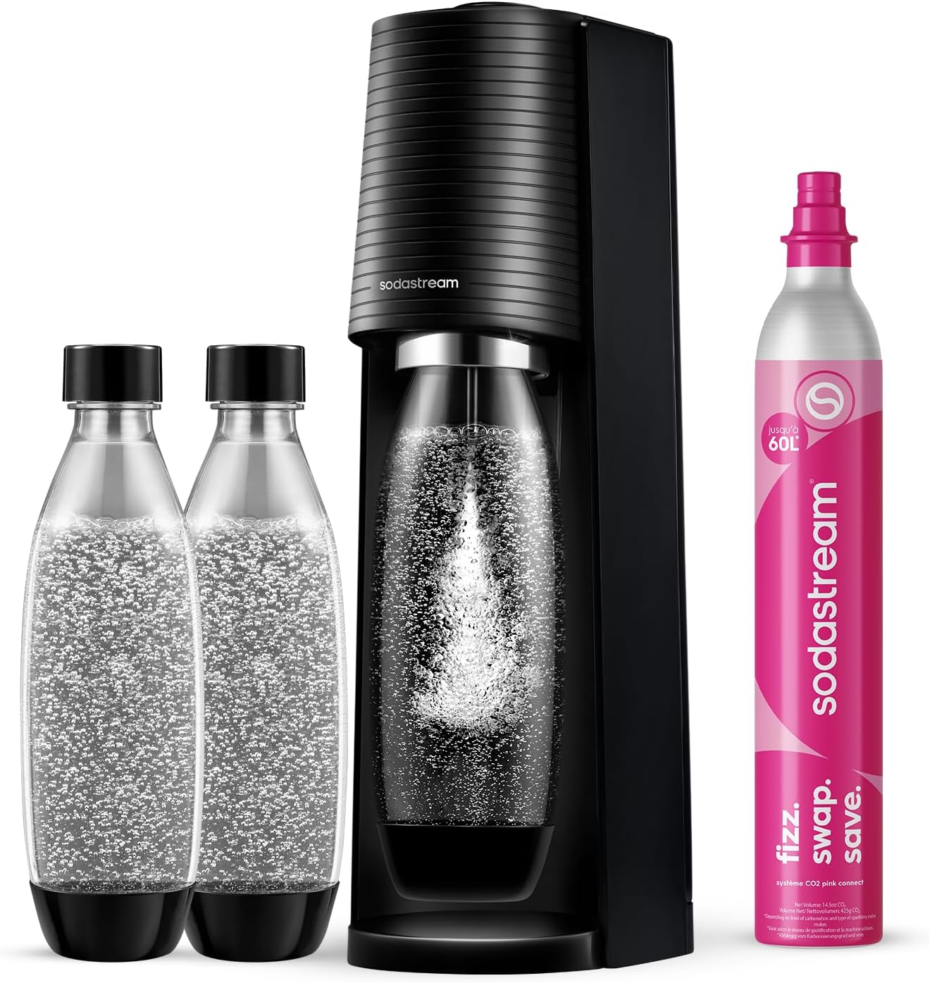Detalle 1 de Sodastream Terra – Machine à eau pétillante avec CO₂ Quick Connect, 60L, deux bouteilles incluses (1L et 0,5L), sans BPA, noir