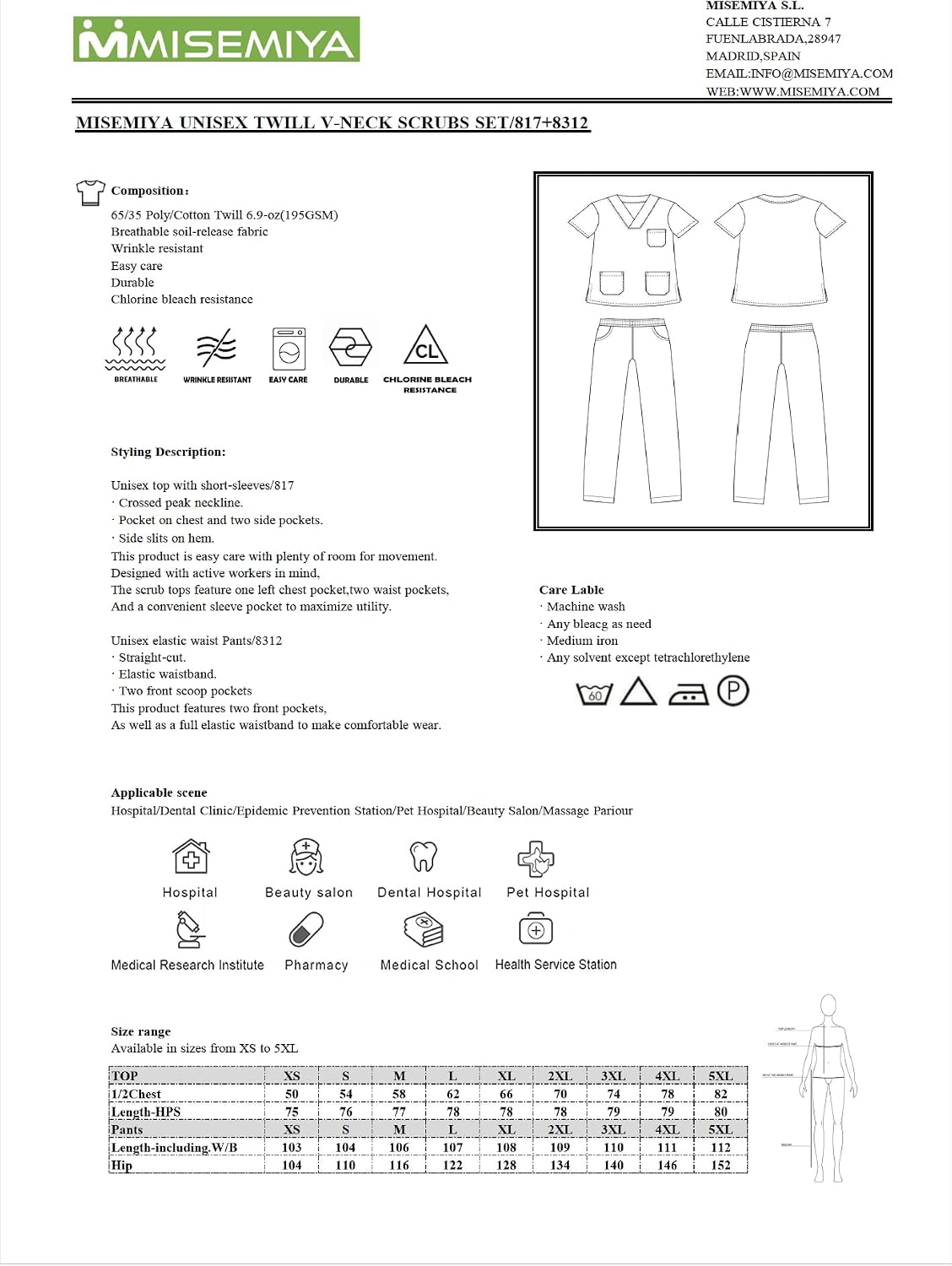 Detalle 2 de MISEMIYA Misemiya 817-8312 : ensemble uniforme unisexe blouse haut + pantalon