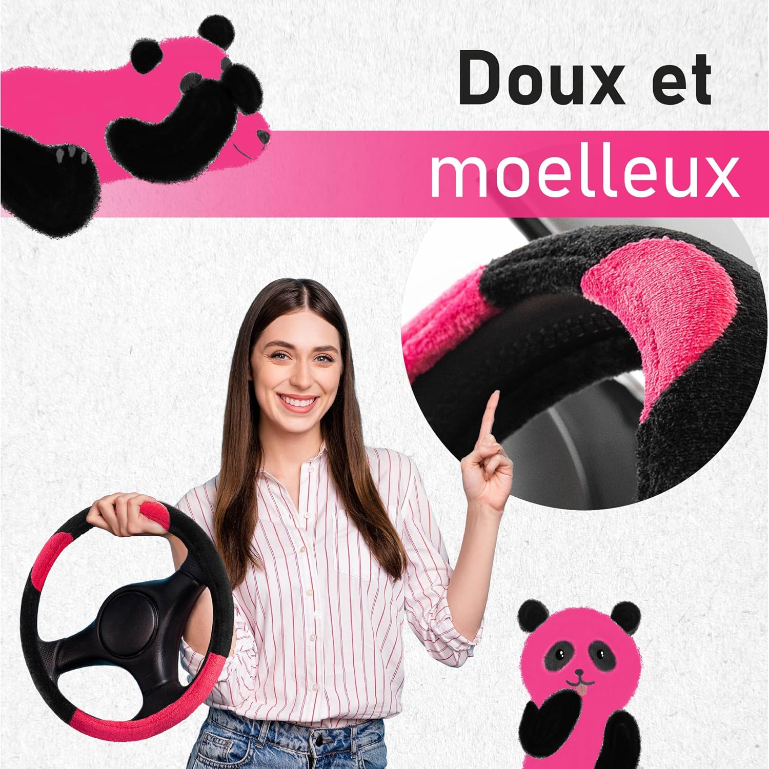 Thumbnail 3 de Upgrade4cars Couvre Volant Peluche Rose Noir