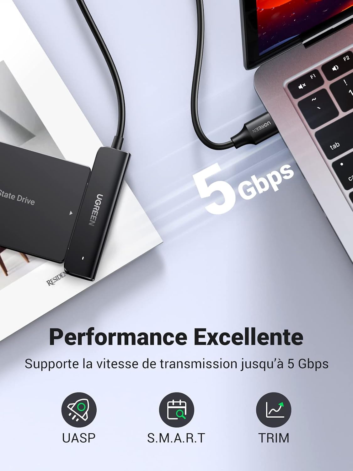 Detalle 2 de UGREEN Câble SATA USB 3.0 Adaptateur SATA vers USB 3.0 pour SSD et disques durs 2,5 pouces (UASP, TRIM, Smart, 0,5 m)