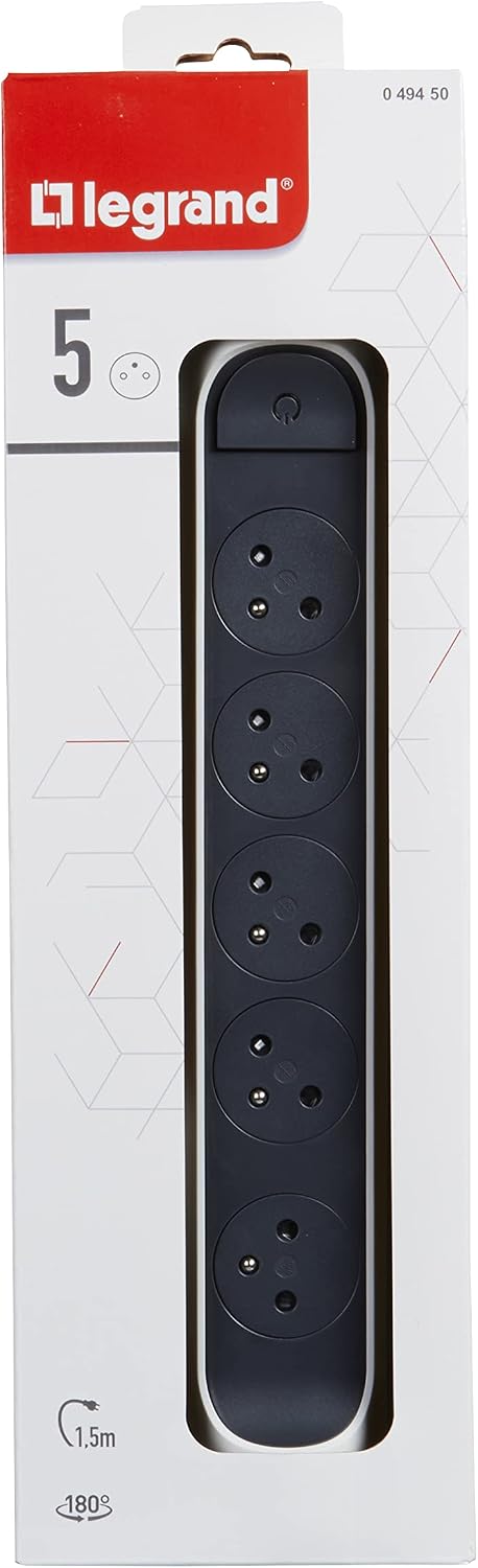 Detalle de Legrand multiprise rotative avec interrupteur et voyant LED – 5 prises surface avec terre, câble 1,5 m, blanc et gris foncé