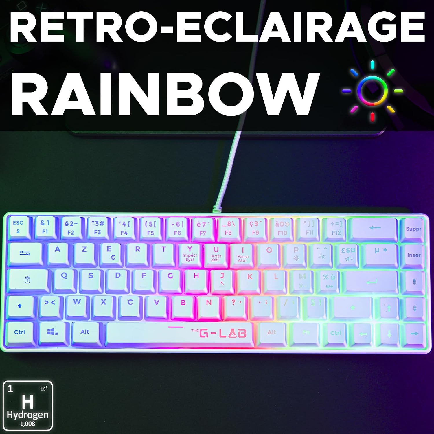 Detalle 2 de The G-Lab Keyz Hydrogen: Clavier Gamer 60% semimec à LED multicolore pour PC/PS5