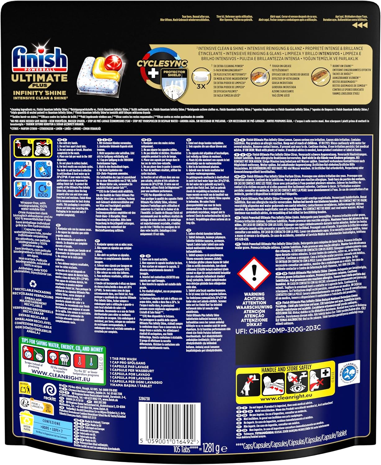 Detalle de Finish Ultimate Plus Infinity Shine Pastilles Lave-Vaisselle Citron – Propreté intense et brillance étincelante, 105 capsules
