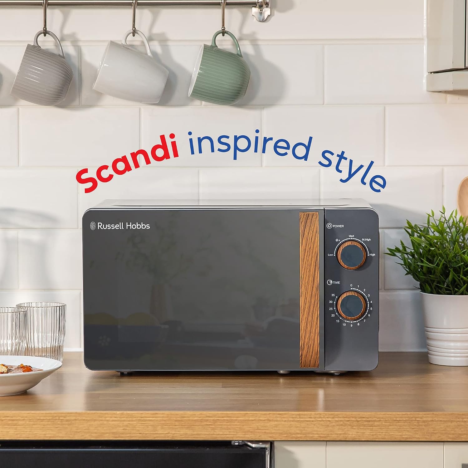 Detalle de Russell Hobbs RHMM713G Micro-ondes compact 700 W – style scandinave et finition bois