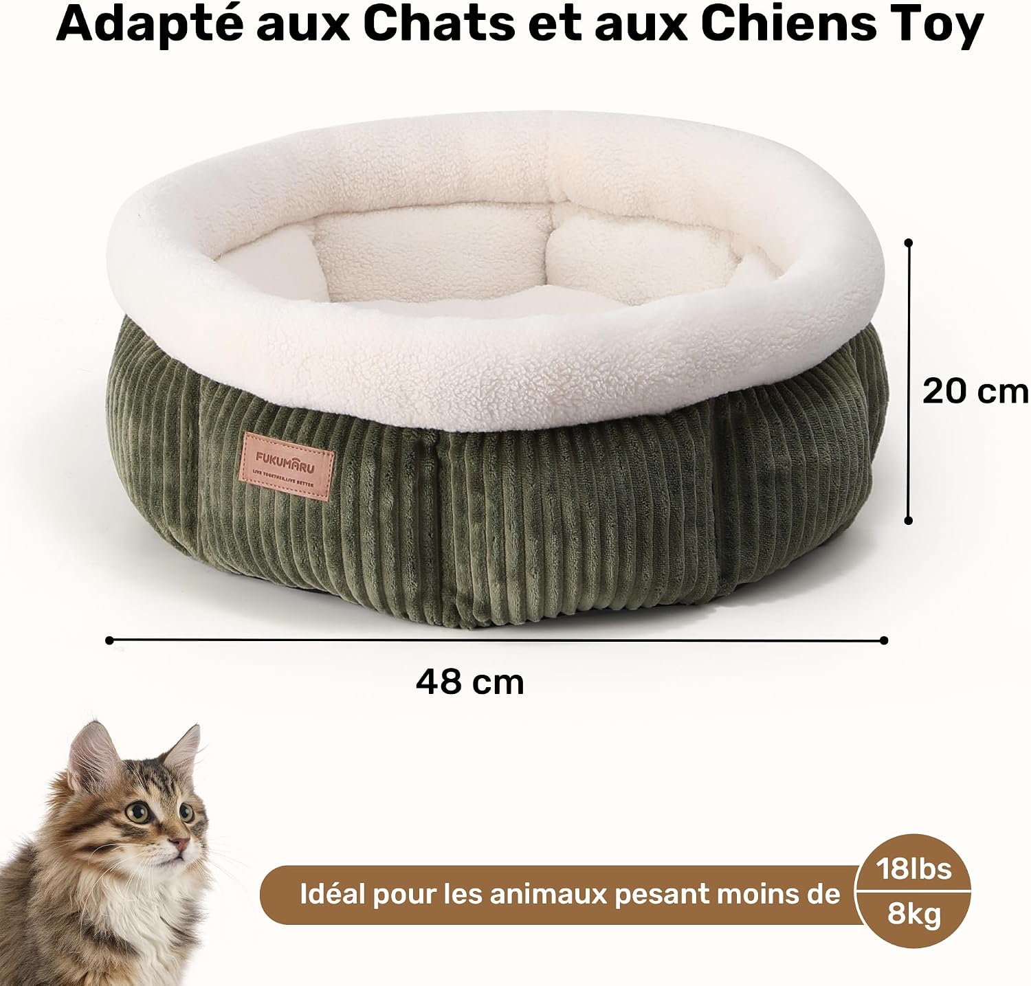 Detalle de FUKUMARU Lit pour Chat rond en cordon d’intérieur, lit lavable doux et confortable (vert)