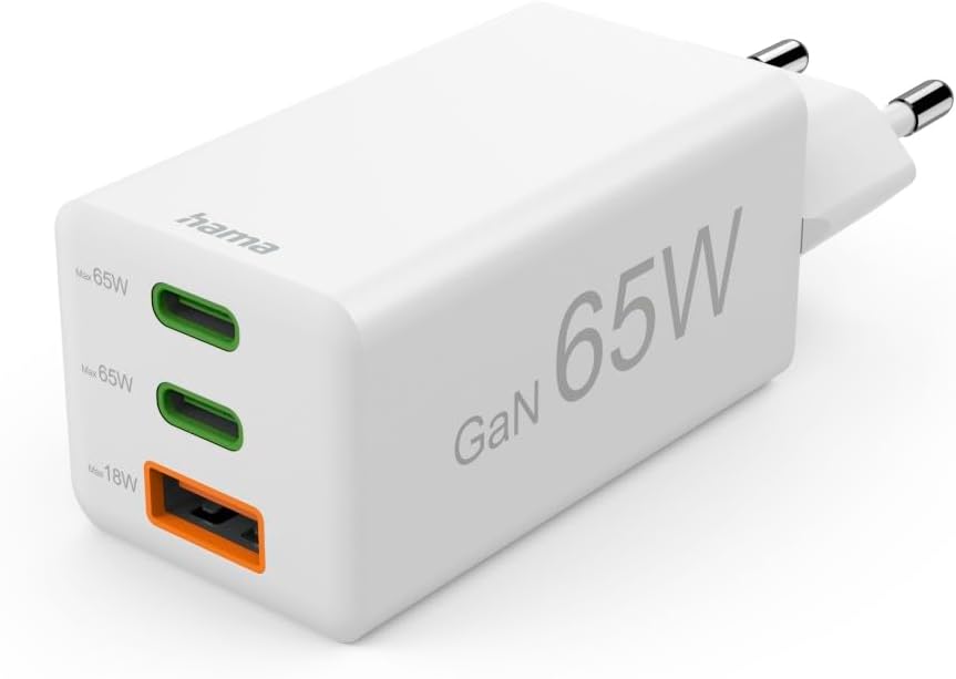 Detalle de Hama chargeur rapide 65W GaN (PD + QC 3.0) à 3 ports pour iPhone, Samsung et MacBook – Blanc