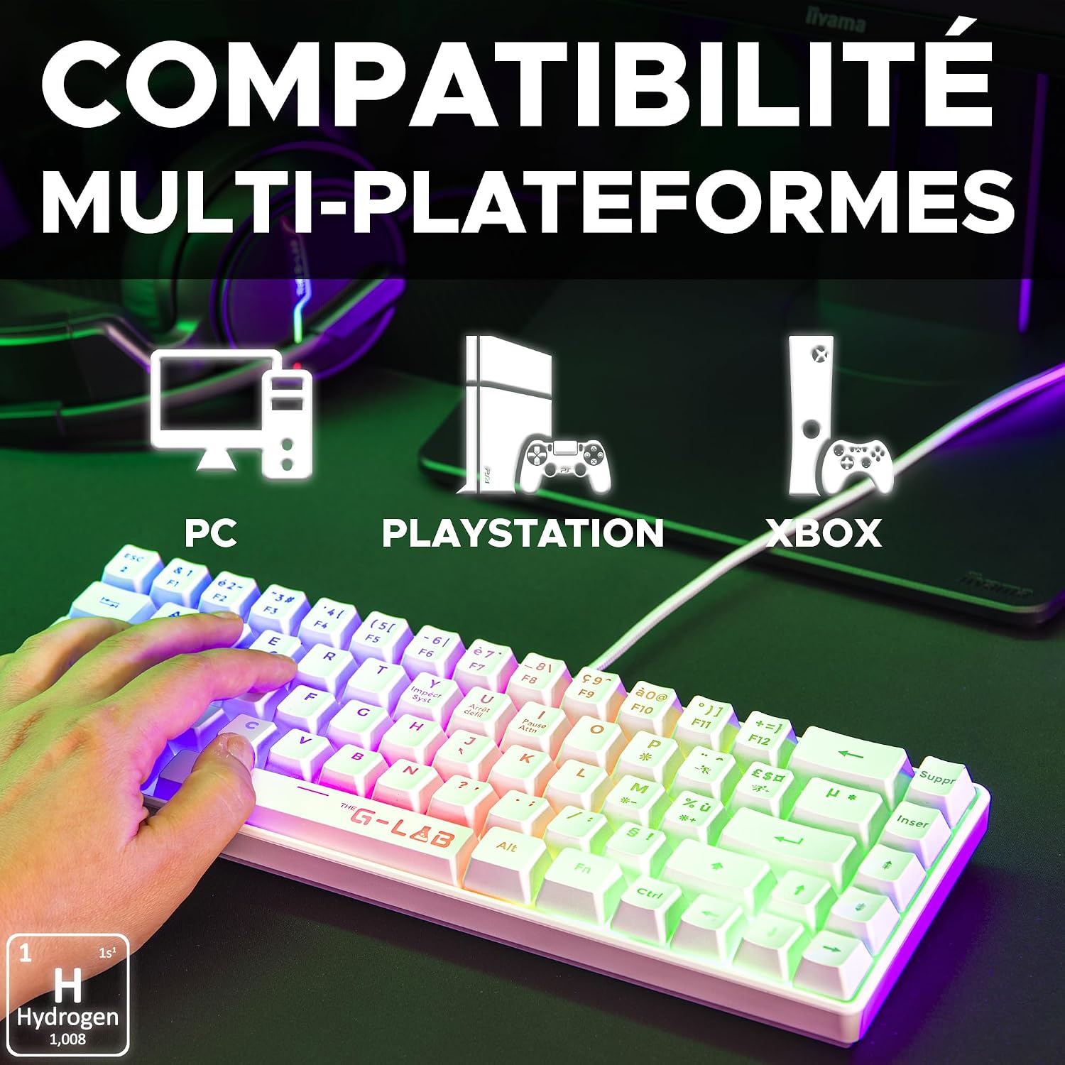 Detalle de The G-Lab Keyz Hydrogen: Clavier Gamer 60% semimec à LED multicolore pour PC/PS5