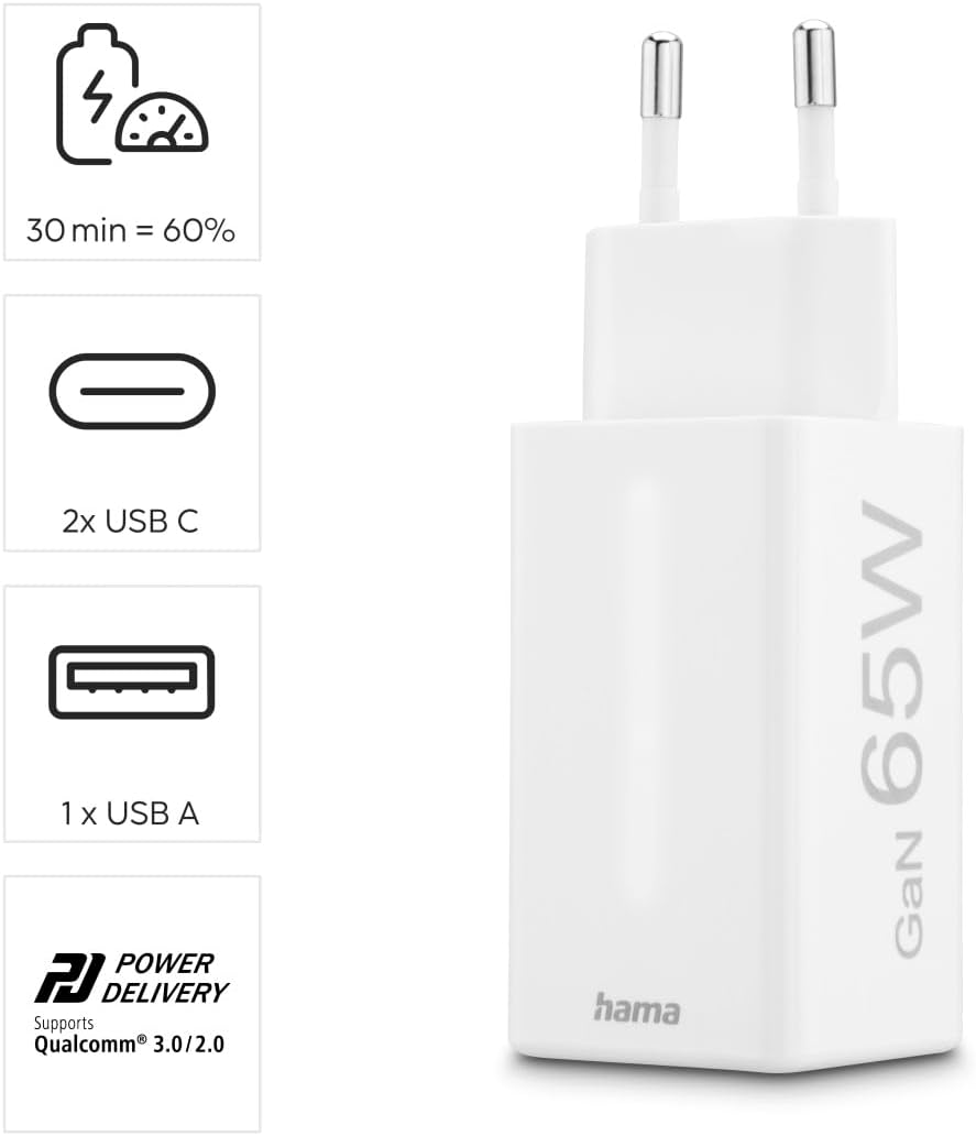 Detalle de Hama chargeur rapide 65W GaN (PD + QC 3.0) à 3 ports pour iPhone, Samsung et MacBook – Blanc