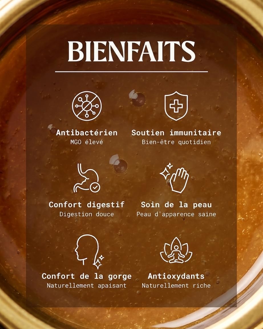 Detalle de NaturalePiù Miel de Manuka 500+ MGO (250 g) brut et bio de Nouvelle-Zélande