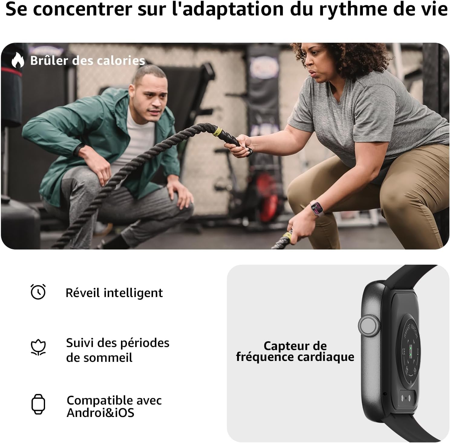 Detalle de AcclaFit Montre Connectée – Écran 1,85" HD, 140+ modes, appels Bluetooth et suivi santé (IP68)