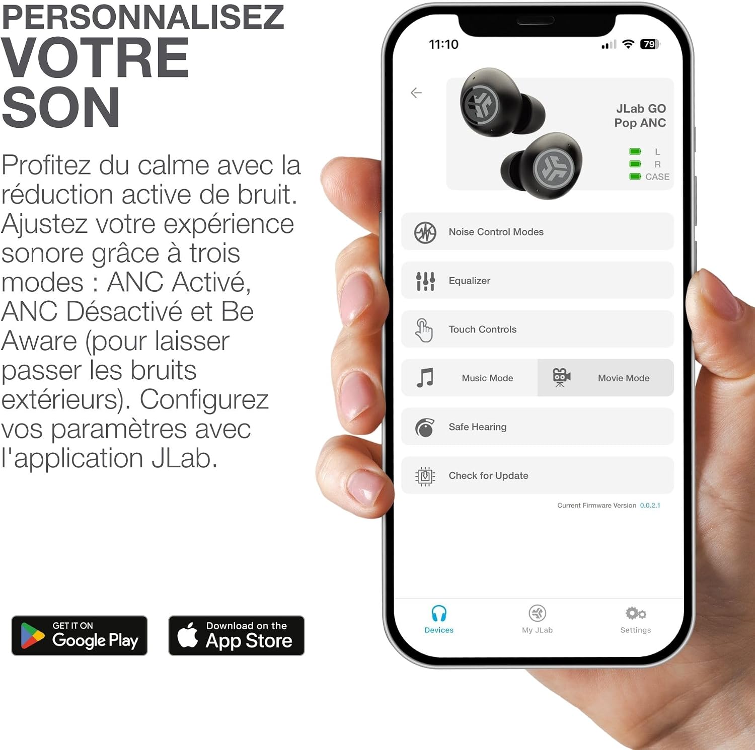 Detalle de JLab Go Pop ANC Écouteurs Bluetooth : réduction de bruit, 24 h d’autonomie et design néon transparent