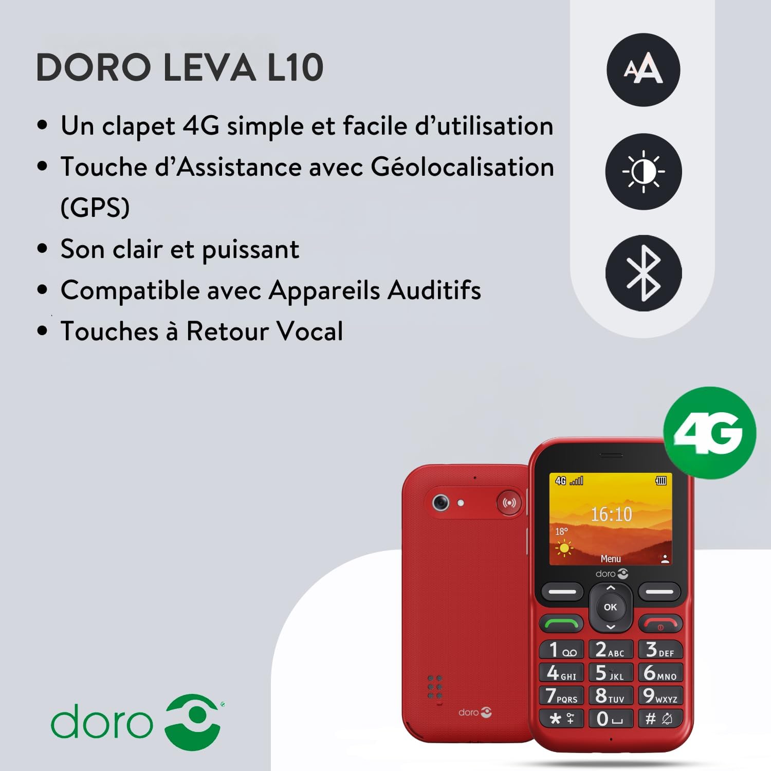 Detalle de Doro Leva L10 — Téléphone Portable Senior 4G, Grand Écran et Assistance SOS