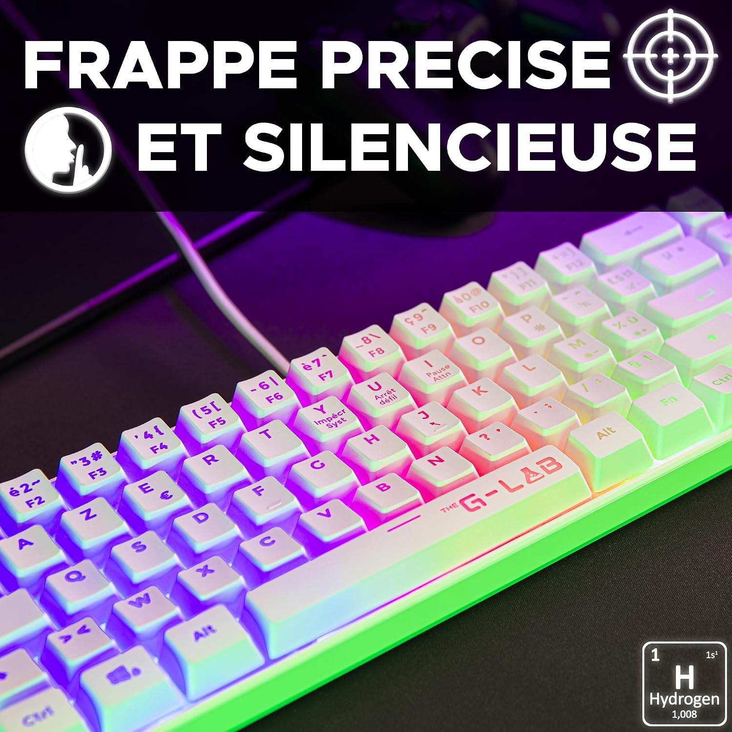 Detalle de The G-Lab Keyz Hydrogen: Clavier Gamer 60% semimec à LED multicolore pour PC/PS5